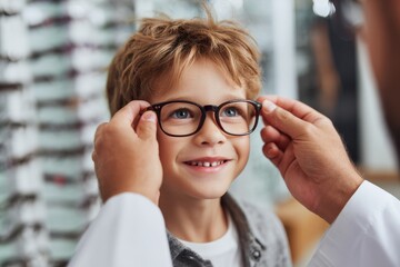 Child Trying On Glasses. Happy Boy Smiling While Trying On Goggles in Optical Store