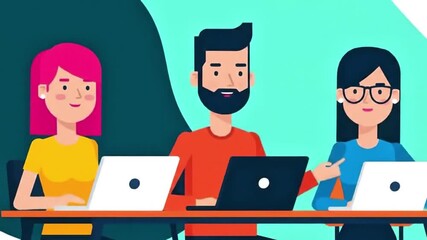 A dynamic group of diverse colleagues engaged in a productive brainstorming session using their laptops, a modern flat vector graphic illustrating teamwork, communication, and corporate success