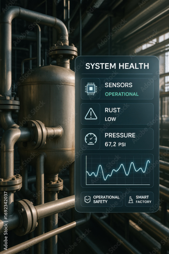 Poster system health monitoring interface showing operational sensors and pressure in industrial factory