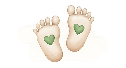Cute baby footprints with green heart stamps — soft pastel nursery illustration for newborn designs