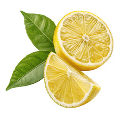 Fresh yellow lemon slices and leaves isolated on transparent background for culinary and design use