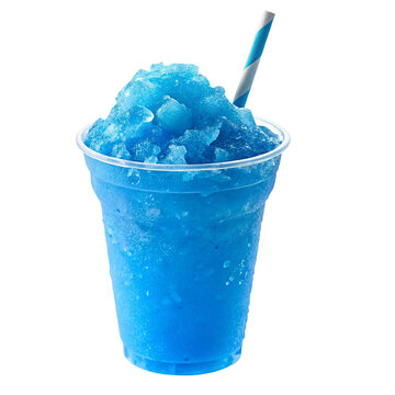 Vibrant blue summer slush ice drink with refreshing straw in plastic cup for cooling enjoyment
