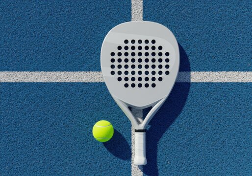 Top-down shot of a padel racket and ball on a blue court with white lines, highlighting the colors