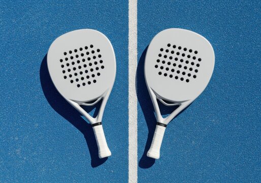 Top-down shot of two identical padel rackets on a blue court, with a dividing white line