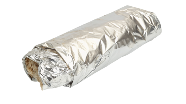 Delicious burrito wrapped in silver foil for tasty and easy meal packaging and freshness assured