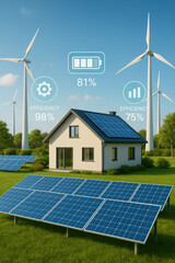 Solar panel and wind turbine renewable energy with efficiency icons