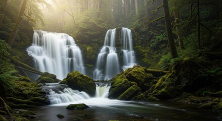 Cascading waterfall in a lush forest.  Sunlight filters through the misty trees.  Water flows over mossy rocks
