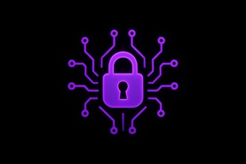 Digital security lock icon with circuit connections in vibrant purple neon style