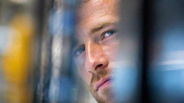 Focused medium shot of a remote production coordinators face intently watching the cloud switcher interface blurred server racks in the background.