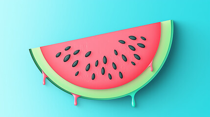 A delicious, juicy, and refreshing slice of watermelon with dripping green rind, presented in a vibrant, stylized illustration with a bright blue background