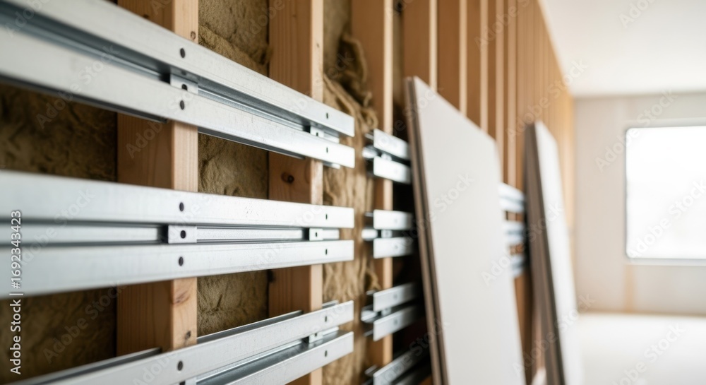 Poster interior shot featuring partially completed soundproof wall where resilient channels create a separa