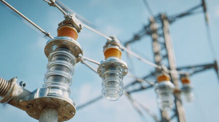 Focused medium shot of UV corona discharge detection on transmission line fittings highlighting electrical irregularities while the utility pole structural details fade into the