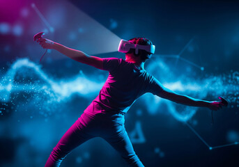 Person experiencing virtual reality, in dynamic digital world. Vibrant neon lights, glowing particles, and futuristic landscapes. Advanced technology and interactive gaming or metaverse exploration.