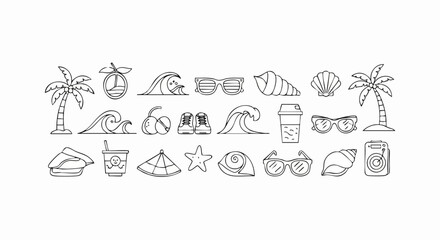 Summer line art with palm trees, seashells, sunglasses, and waves ready for your vacation design