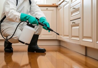 Person spraying pest control protective suit gloves