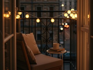 A cozy balcony at dusk with warm string lights, featuring a comfortable chair, a steaming mug, and books, overlooking city lights.