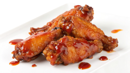 Delicious crispy chicken wings with spicy sauce on a white plate ready to enjoy in any meal