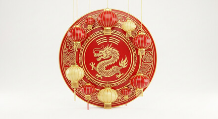 Fototapeta premium Red and gold chinese new year decoration with dragon and hanging paper lanterns