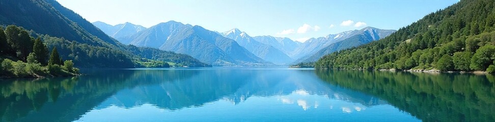 Obraz premium Serene mountain lake reflecting a clear blue sky, untouched nature at its finest Tranquil waters, majestic peaks, idyllic landscape perfect for relaxation and escape , sky, eco