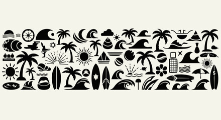 Summer vibes with black and white tropical icons for surf, sun, and beach fun adventures