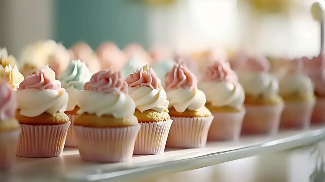Delicate Cupcake Array: Pastel Perfection in Confectionery Delights Close-Up