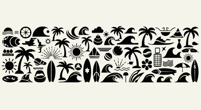 Summer vibes with black and white tropical icons for surf, sun, and beach fun adventures