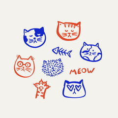 Hand-drawn illustration of cat faces with cute paw print and MEOW lettering, playful and adorable design.
