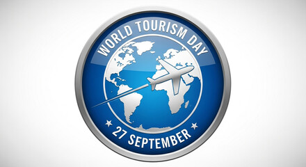 World tourism day logo with airplane over globe and september date announcement