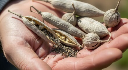 Holding nature's treasure: A close-up of dried seed pods and seeds in a human hand