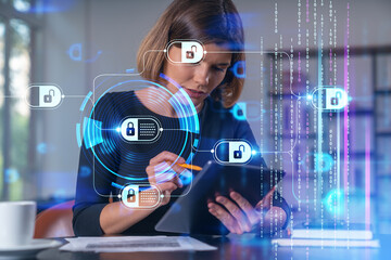 Businesswoman holding tablet device, touching. Office workplace. Blockchain hologram. Concept of distant work, business education, information technology.