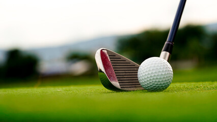 Golf clubs and balls on a green lawn in a beautiful golf course with morning sunshine.