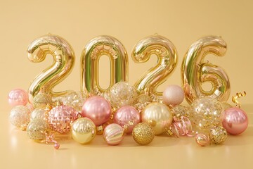 2026 balloon numbers with Christmas ornaments on pastel gold background
Shiny balloon numbers 2026 float decorated with festive Christmas ornaments. The glamorous scene radiates joy, celebration, and 