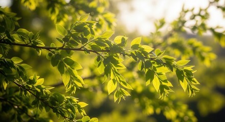 Sunlit Fresh Green Leaves on Branches creating a Natural Springtime Scene filled with Light and