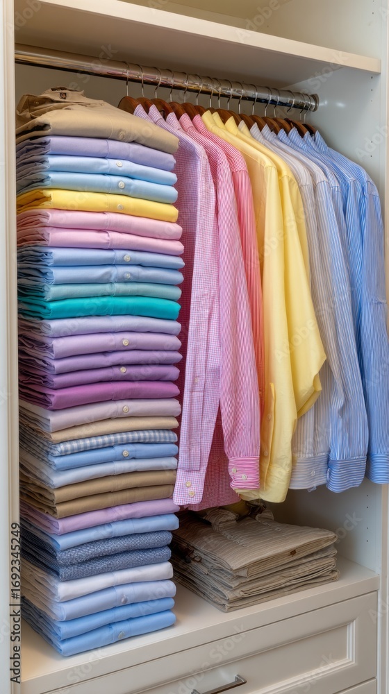 Poster organized wardrobe shelf displays neatly folded chinos and henleys in various colors and patterns fo
