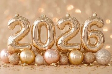 2026 balloon numbers with Christmas ornaments on pastel gold background
Shiny balloon numbers 2026 float decorated with festive Christmas ornaments. The glamorous scene radiates joy, celebration, and 