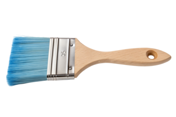 Wide flat paintbrush with blue bristles and wooden handle for home decor and artistic projects