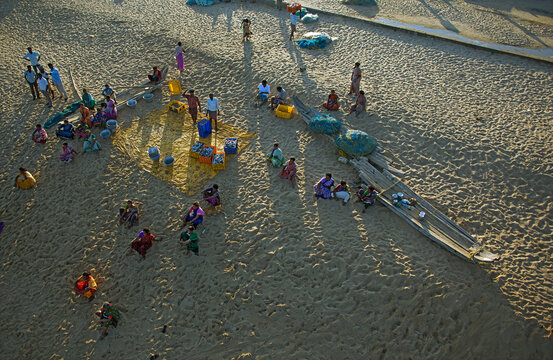 Puducherry, India - 28 February 2009: Aerial view of fishermen and women scattered across the sandy beach, mending nets and sorting their catch under the warm, golden light.