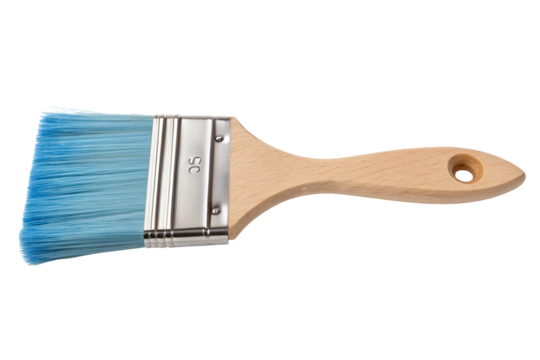 Wide flat paintbrush with blue bristles and wooden handle for home decor and artistic projects