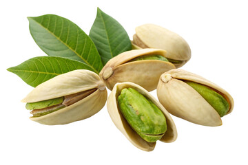 Delicious green pistachios with leaves, healthy nuts for snack and cooking, high protein and fiber