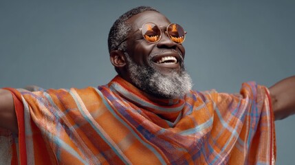 Smiling elderly African man wearing orange patterned shawl and sunglasses in joyful expression against a light background