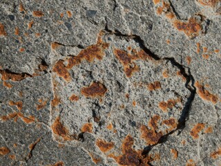 A detailed view of weathered grey concrete with intricate cracks and prominent patches of reddish-brown rust, showing rough texture and material degradation.