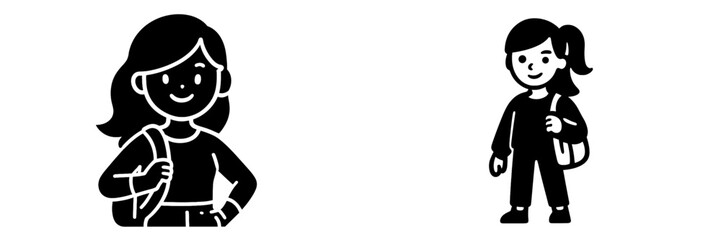 Minimalist black silhouette icons of a happy young girl student character with a school backpack shown in portrait and full-body views