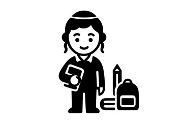 Black and white glyph icon of a young Jewish student boy with a kippah and peyot holding a book next to a backpack and pencil