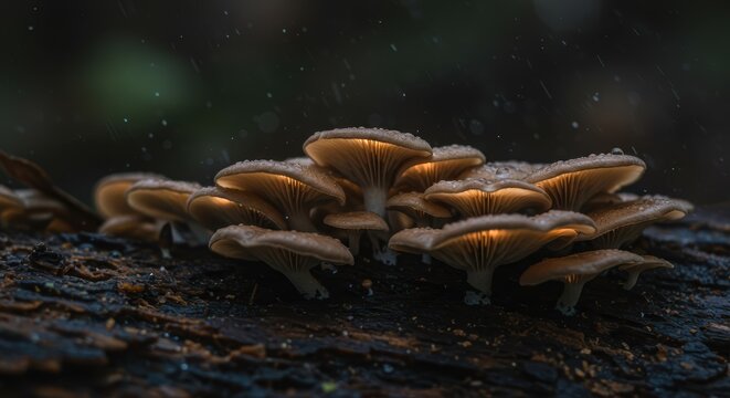 Macro photography of glowing Panellus stipticus mushrooms, with a shallow depth of field.

