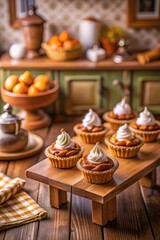 Naklejka premium Photo of a delightful assortment of mini tarts topped with swirls of cream, arranged on a wooden board, set against a charming kitchen backdrop with fruits and vintage decor