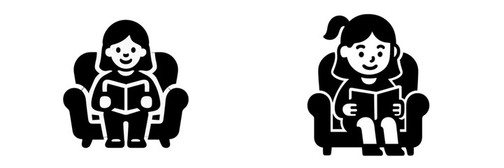 Simple black and white icon set of a young girl reading a book while sitting comfortably in an armchair at home