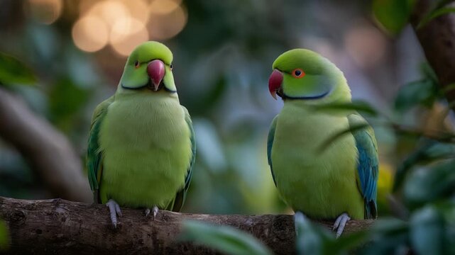 A pair of ringneck parrots cuddle on a high branch, their feathers glowing warmly, showcasing their affectionate bond.