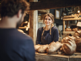 Smiling saleswoman serving customer in bakery shop