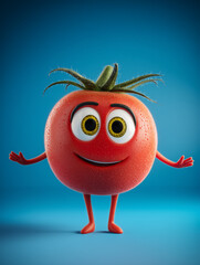 Smiling tomato cartoon character standing on blue background