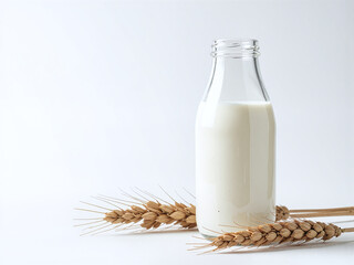A simple white background with a glass bottle filled with fresh milk. This photo highlights the pure, natural milk, symbolizing freshness and health from the farm.